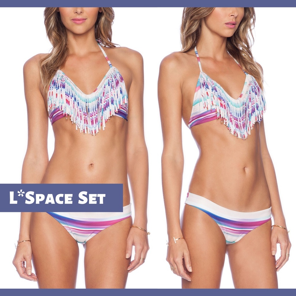 NWT‎ 2PC L Space Audrey Fringe Top [ D Cup ] Estella Mirage Bikini Bottom [ XS ]